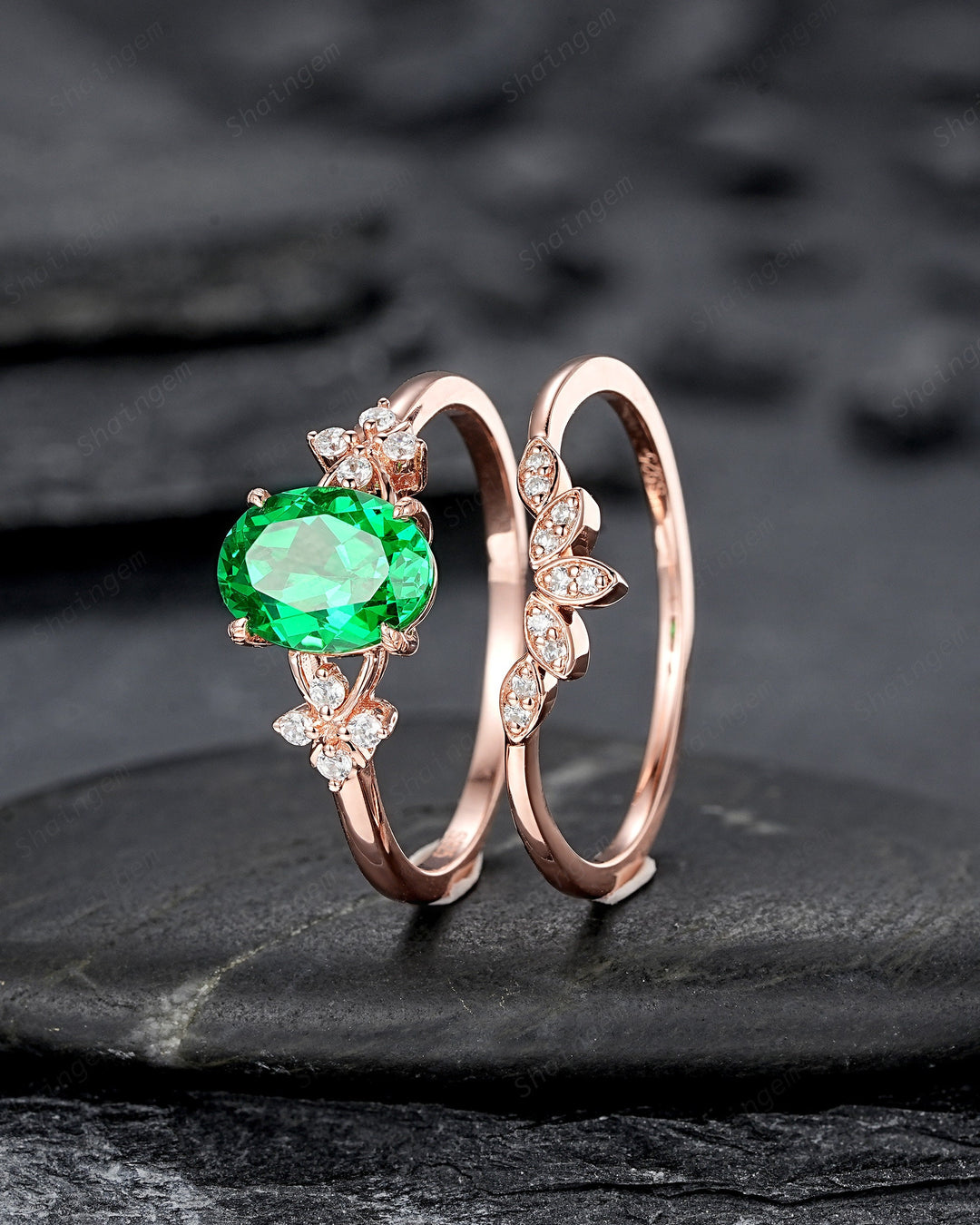 Oval Cut Green Garnet Floral Engagement Ring, Rose Gold Rhodolite Garnet Promise Ring, January Birthstone Cluster Anniversary Ring for Women - ShainJewelry