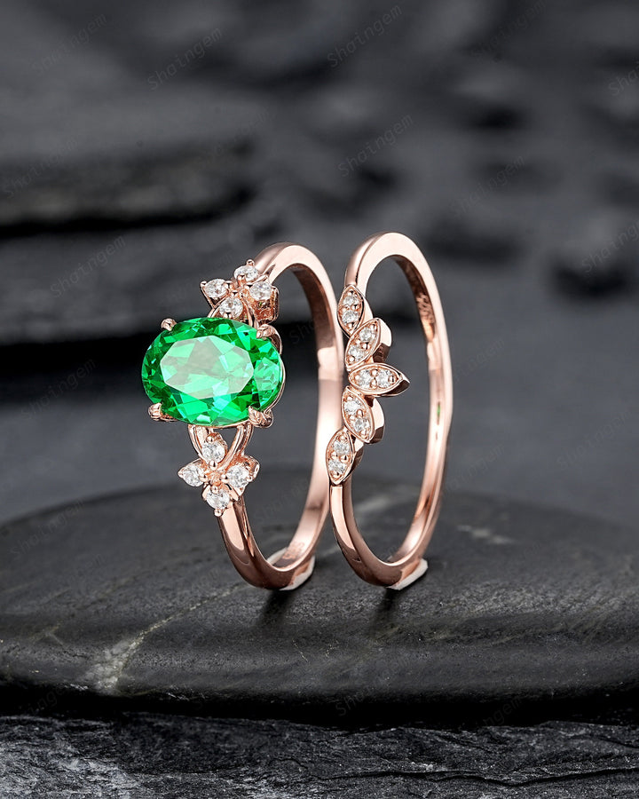 Oval Cut Green Garnet Floral Engagement Ring, Rose Gold Rhodolite Garnet Promise Ring, January Birthstone Cluster Anniversary Ring for Women - ShainJewelry