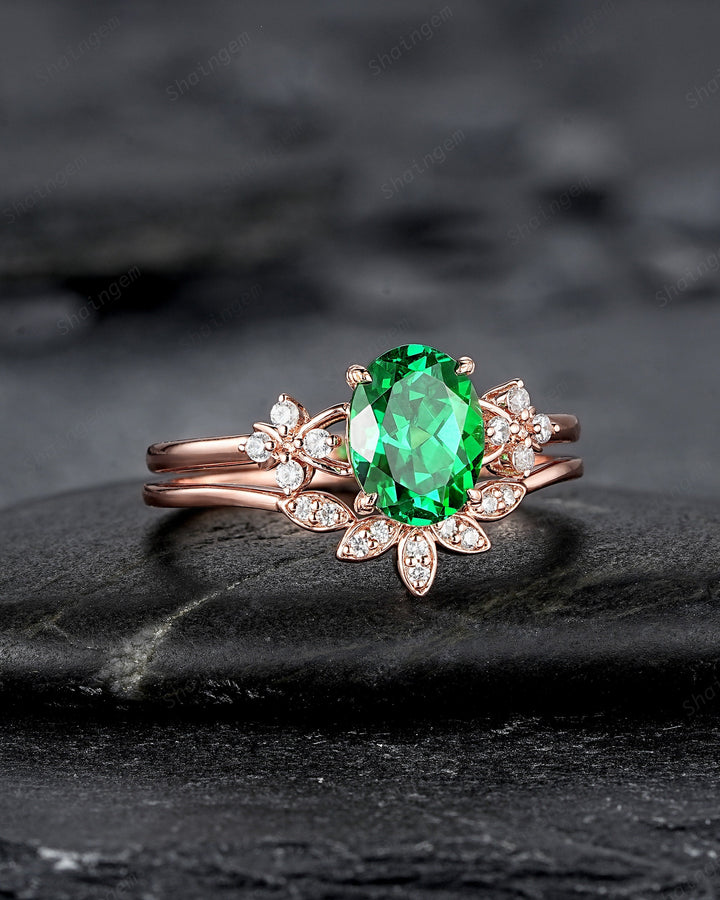 Oval Cut Green Garnet Floral Engagement Ring, Rose Gold Rhodolite Garnet Promise Ring, January Birthstone Cluster Anniversary Ring for Women - ShainJewelry