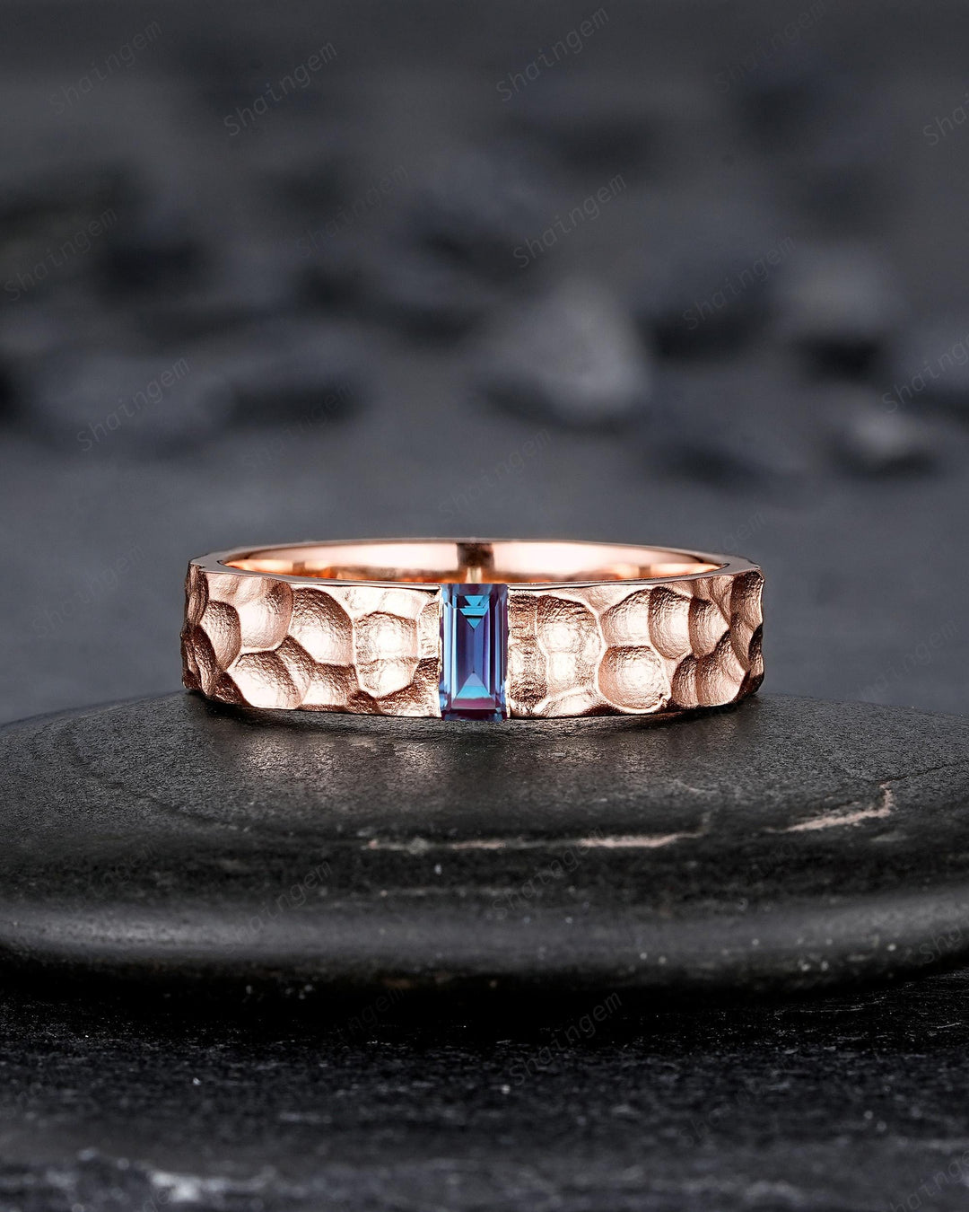 Hammered Design His and Hers Baguette Alexandrite Couple Ring Set, Rose Gold Wedding Band, Matching Band, Promise Ring Men's Women's Band - ShainJewelry