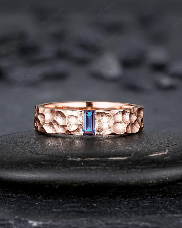 Hammered Design His and Hers Baguette Alexandrite Couple Ring Set, Rose Gold Wedding Band, Matching Band, Promise Ring Men's Women's Band - ShainJewelry