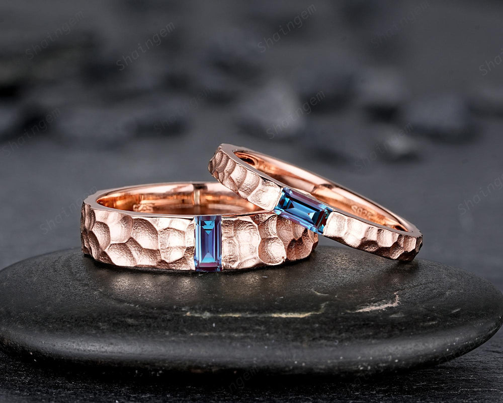 Hammered Design His and Hers Baguette Alexandrite Couple Ring Set, Rose Gold Wedding Band, Matching Band, Promise Ring Men's Women's Band - ShainJewelry