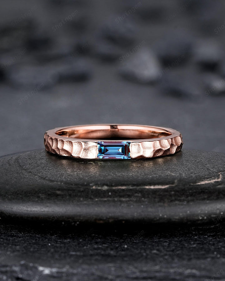 Hammered Design His and Hers Baguette Alexandrite Couple Ring Set, Rose Gold Wedding Band, Matching Band, Promise Ring Men's Women's Band - ShainJewelry