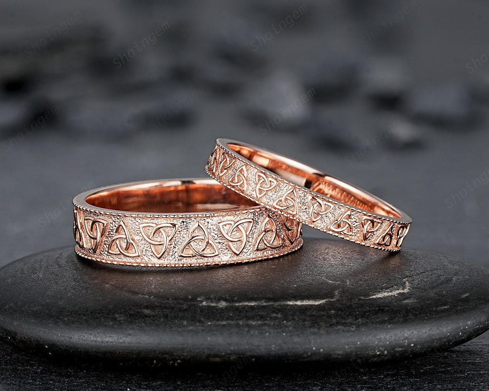 Milgrain Full Eternity His and Hers Celtic Knot Couple Ring Set, Rose Gold Wedding Band, Engagement Band Promise Ring , Men's Women's Band - ShainJewelry
