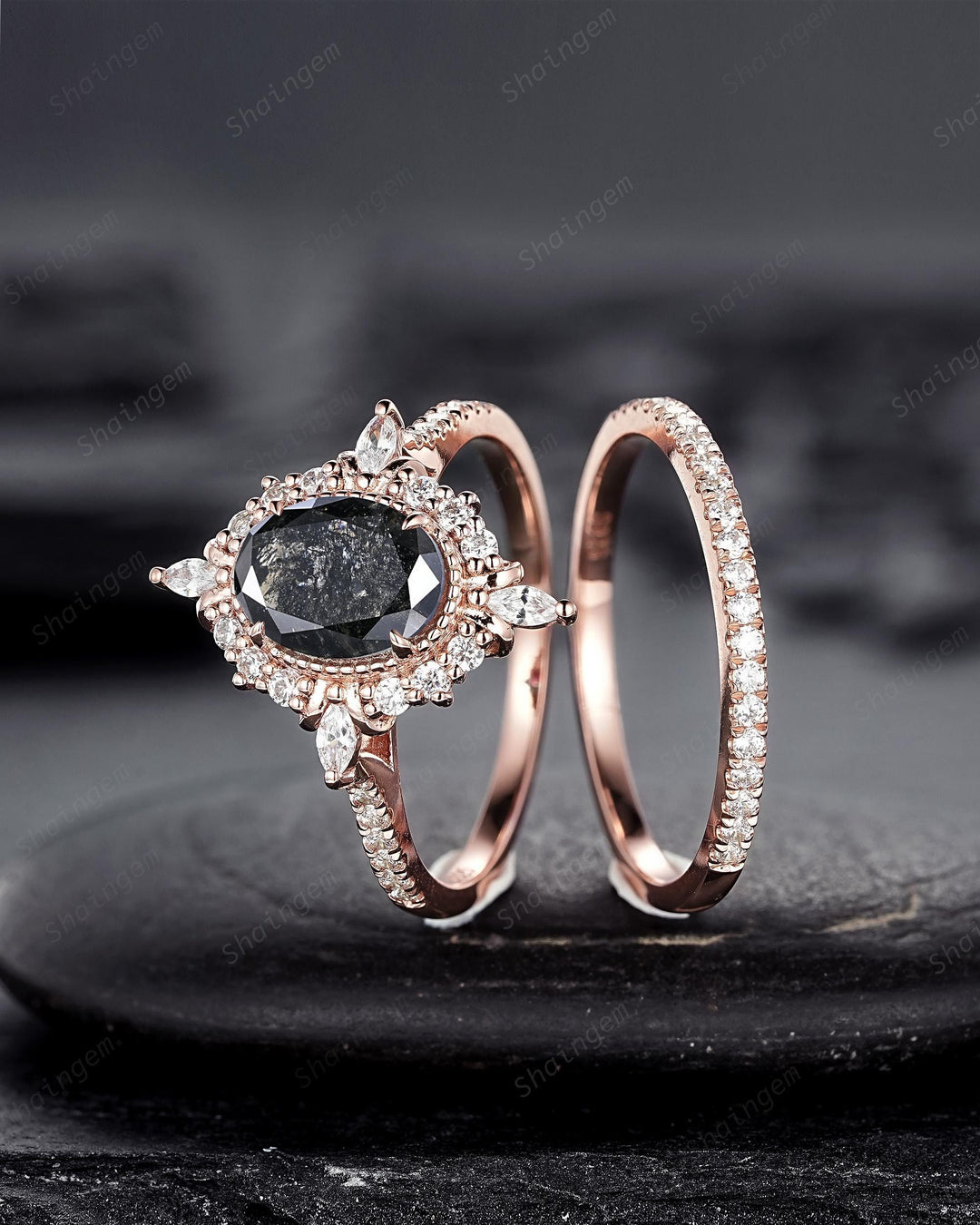 Natural Salt and Pepper Diamond Halo Engagement Ring, Peekaboo Setting Gray Diamond Floral Promise Ring Rose Gold Black Diamond Wedding Ring - ShainJewelry