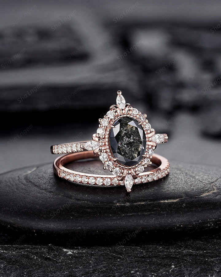 Natural Salt and Pepper Diamond Halo Engagement Ring, Peekaboo Setting Gray Diamond Floral Promise Ring Rose Gold Black Diamond Wedding Ring - ShainJewelry