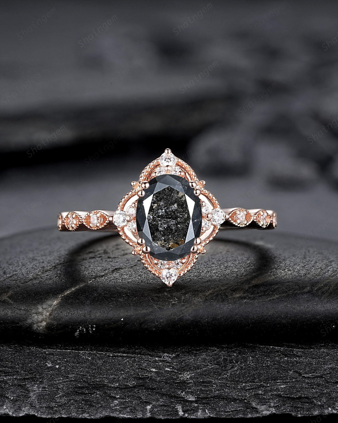 Nature Salt and Pepper Diamond Floral Engagement Ring, Oval Shape Gray Diamond Halo Promise Ring, Rose Gold Diamond Wedding Ring for Women - ShainJewelry