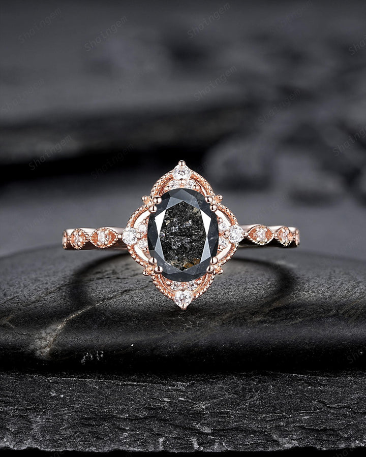 Nature Salt and Pepper Diamond Floral Engagement Ring, Oval Shape Gray Diamond Halo Promise Ring, Rose Gold Diamond Wedding Ring for Women - ShainJewelry