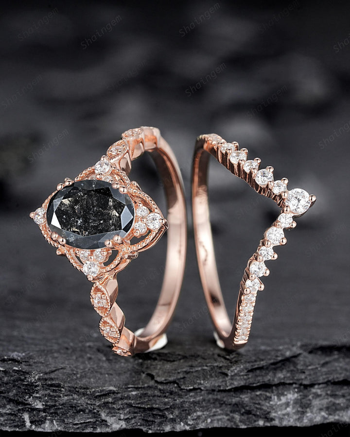 Nature Salt and Pepper Diamond Floral Engagement Ring, Oval Shape Gray Diamond Halo Promise Ring, Rose Gold Diamond Wedding Ring for Women - ShainJewelry