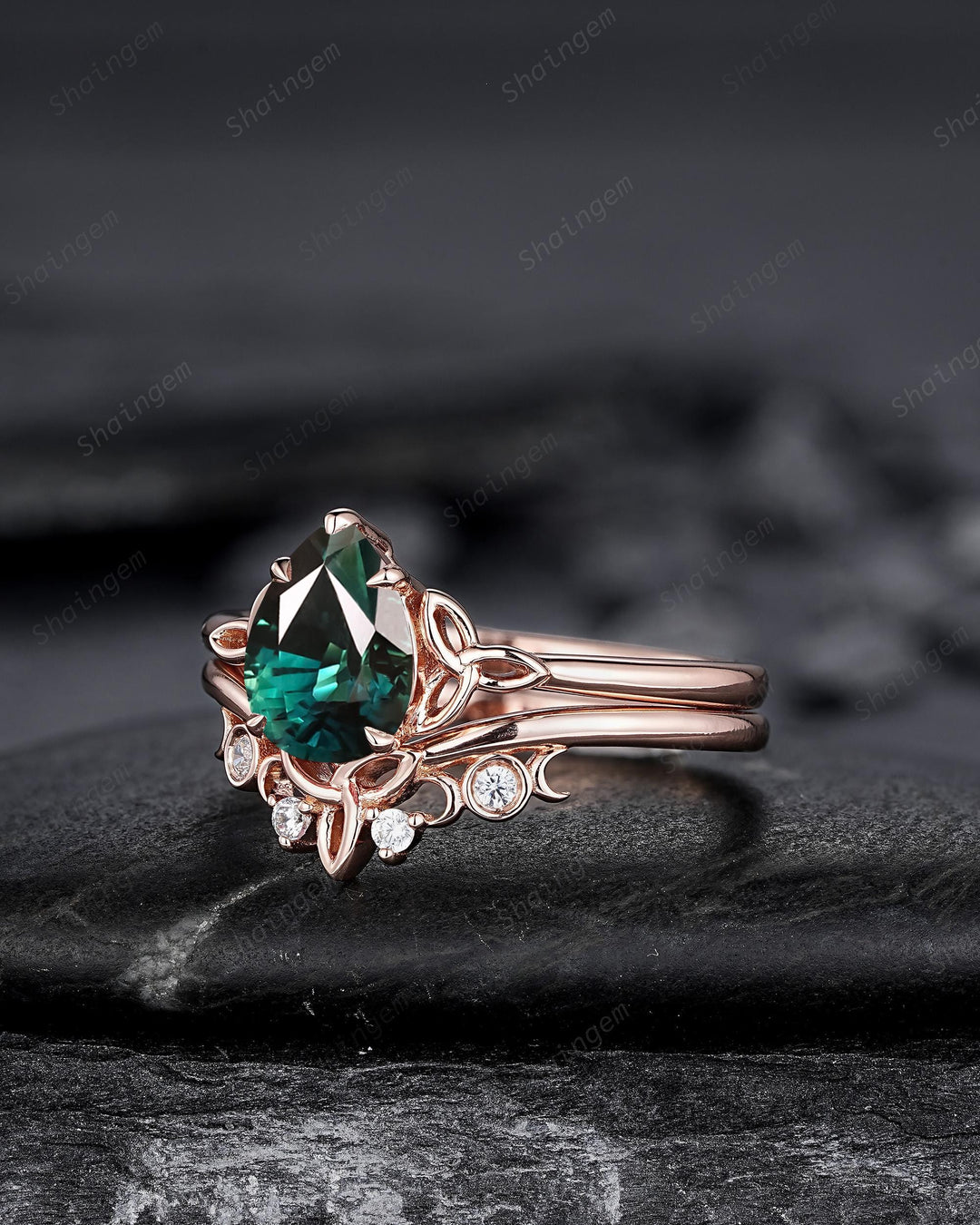 Celtic Knot Pear Shape Natural Teal Sapphire Engagement Ring, Vintage Rose Gold Sapphire Promise Wedding Ring Art Deco Bridal Set For Women - ShainJewelry
