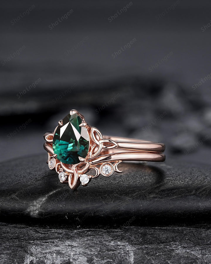 Celtic Knot Pear Shape Natural Teal Sapphire Engagement Ring, Vintage Rose Gold Sapphire Promise Wedding Ring Art Deco Bridal Set For Women - ShainJewelry