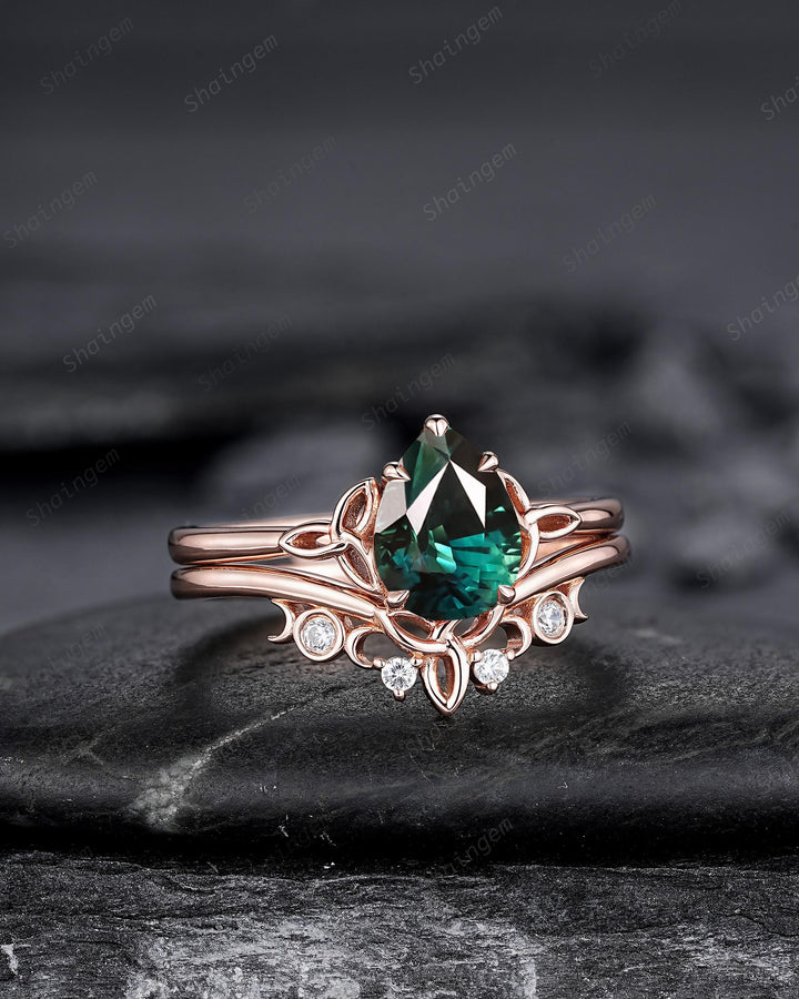 Celtic Knot Pear Shape Natural Teal Sapphire Engagement Ring, Vintage Rose Gold Sapphire Promise Wedding Ring Art Deco Bridal Set For Women - ShainJewelry