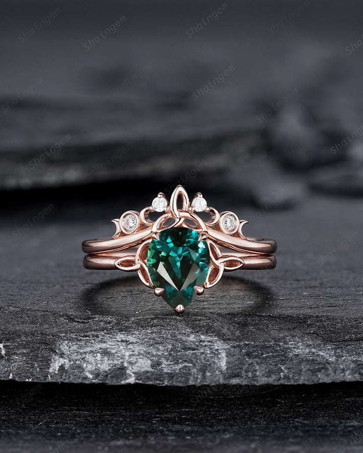 Celtic Knot Pear Shape Natural Teal Sapphire Engagement Ring, Vintage Rose Gold Sapphire Promise Wedding Ring Art Deco Bridal Set For Women - ShainJewelry