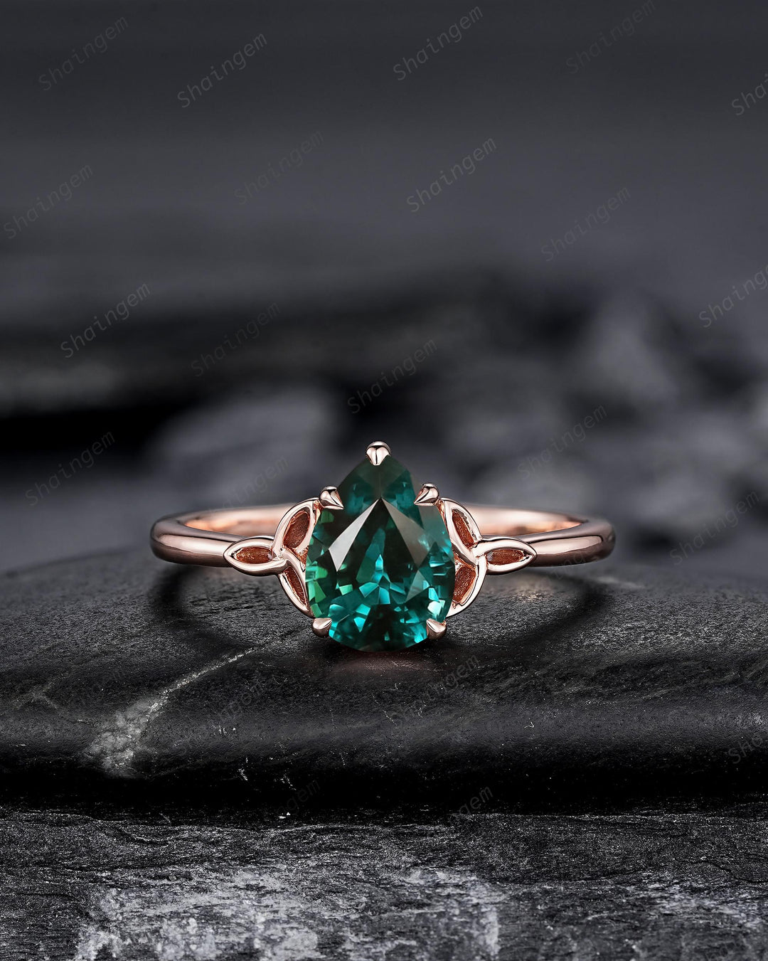 Celtic Knot Pear Shape Natural Teal Sapphire Engagement Ring, Vintage Rose Gold Sapphire Promise Wedding Ring Art Deco Bridal Set For Women - ShainJewelry