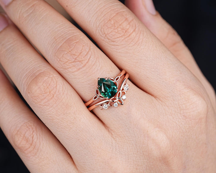 Celtic Knot Pear Shape Natural Teal Sapphire Engagement Ring, Vintage Rose Gold Sapphire Promise Wedding Ring Art Deco Bridal Set For Women - ShainJewelry