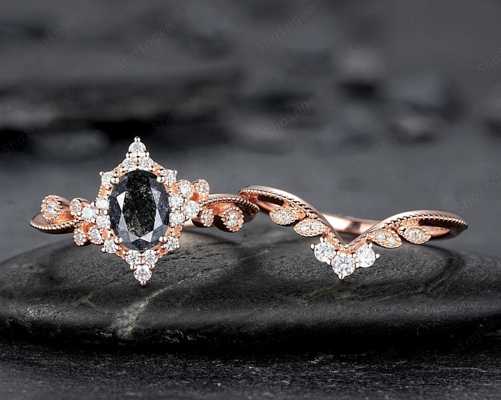 Oval Shape Natural Salt and Pepper Diamond Halo Engagement Ring, Diamond Leaf Promise Ring, Milgrain Rose Gold Black Diamond Wedding Ring - ShainJewelry