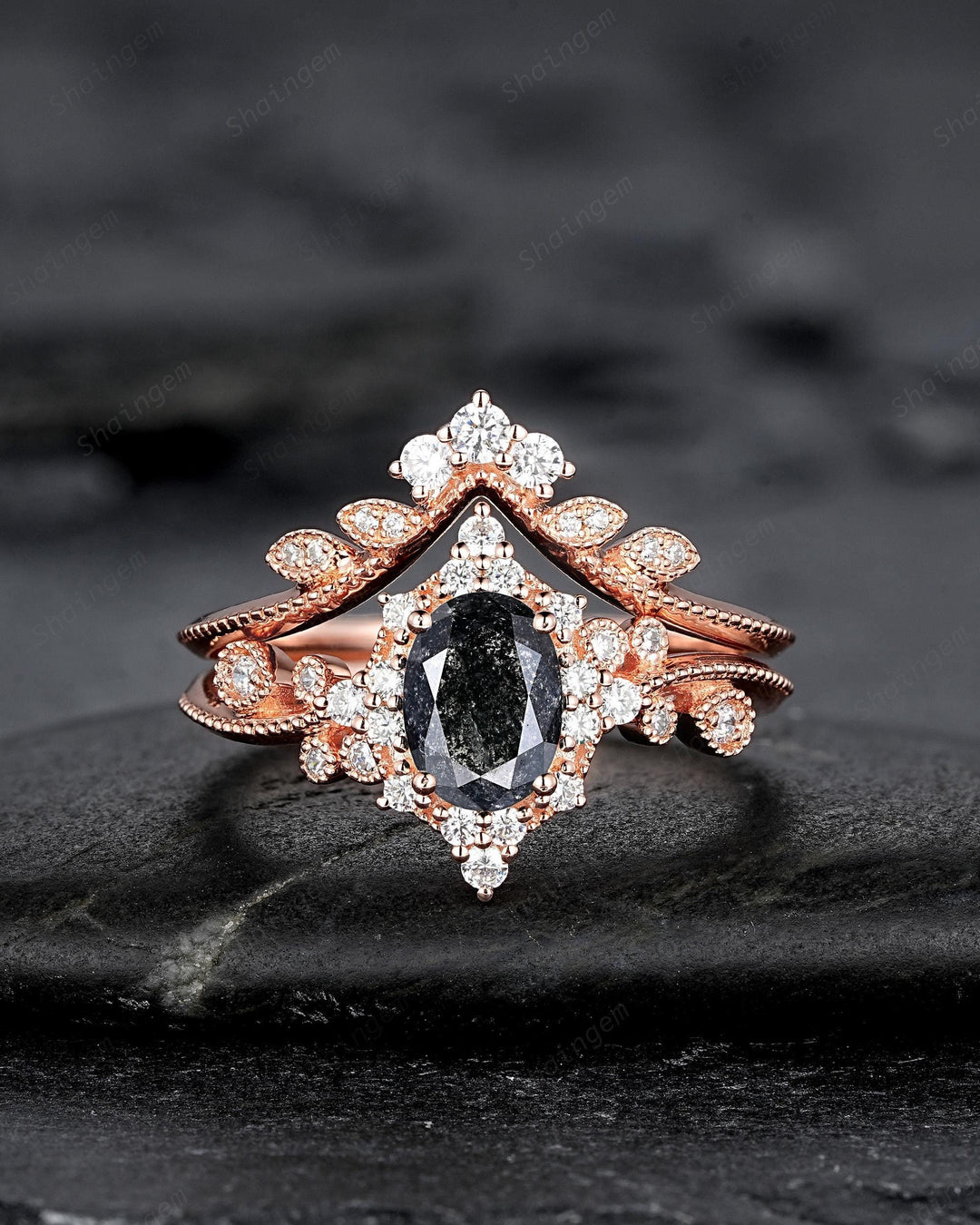 Oval Shape Natural Salt and Pepper Diamond Halo Engagement Ring, Diamond Leaf Promise Ring, Milgrain Rose Gold Black Diamond Wedding Ring - ShainJewelry