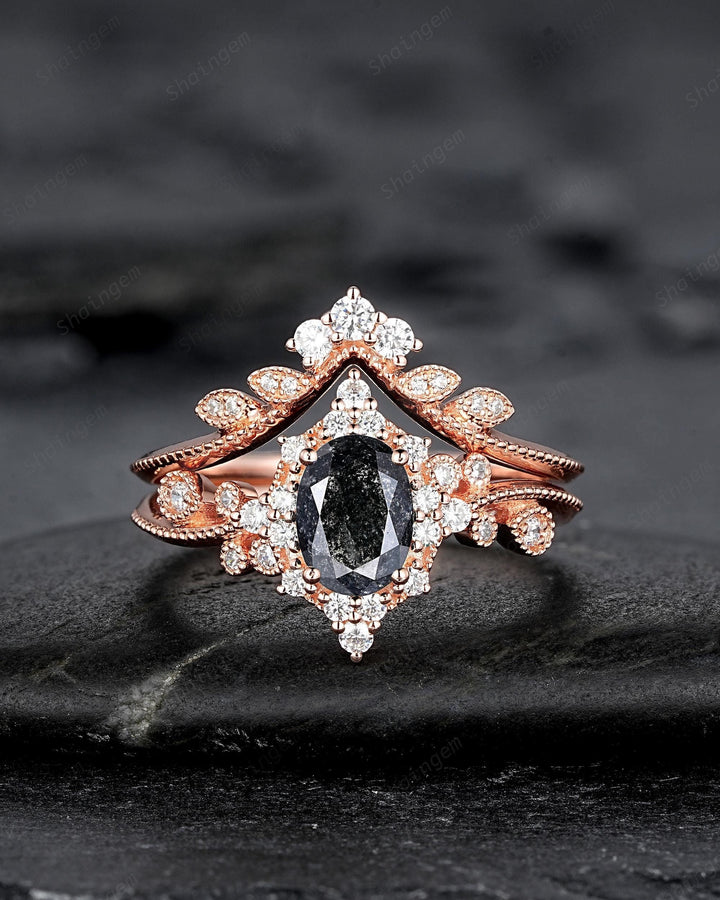 Oval Shape Natural Salt and Pepper Diamond Halo Engagement Ring, Diamond Leaf Promise Ring, Milgrain Rose Gold Black Diamond Wedding Ring - ShainJewelry