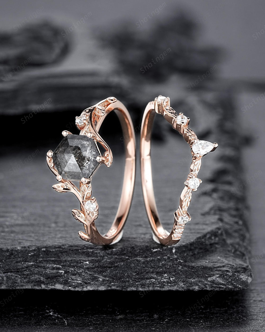 Natural Inspired Hexagon Cut Salt and Pepper Diamond Engagement Ring, Diamond Leaf Promise Ring, Rose Gold Black Diamond Twig Wedding Ring - ShainJewelry