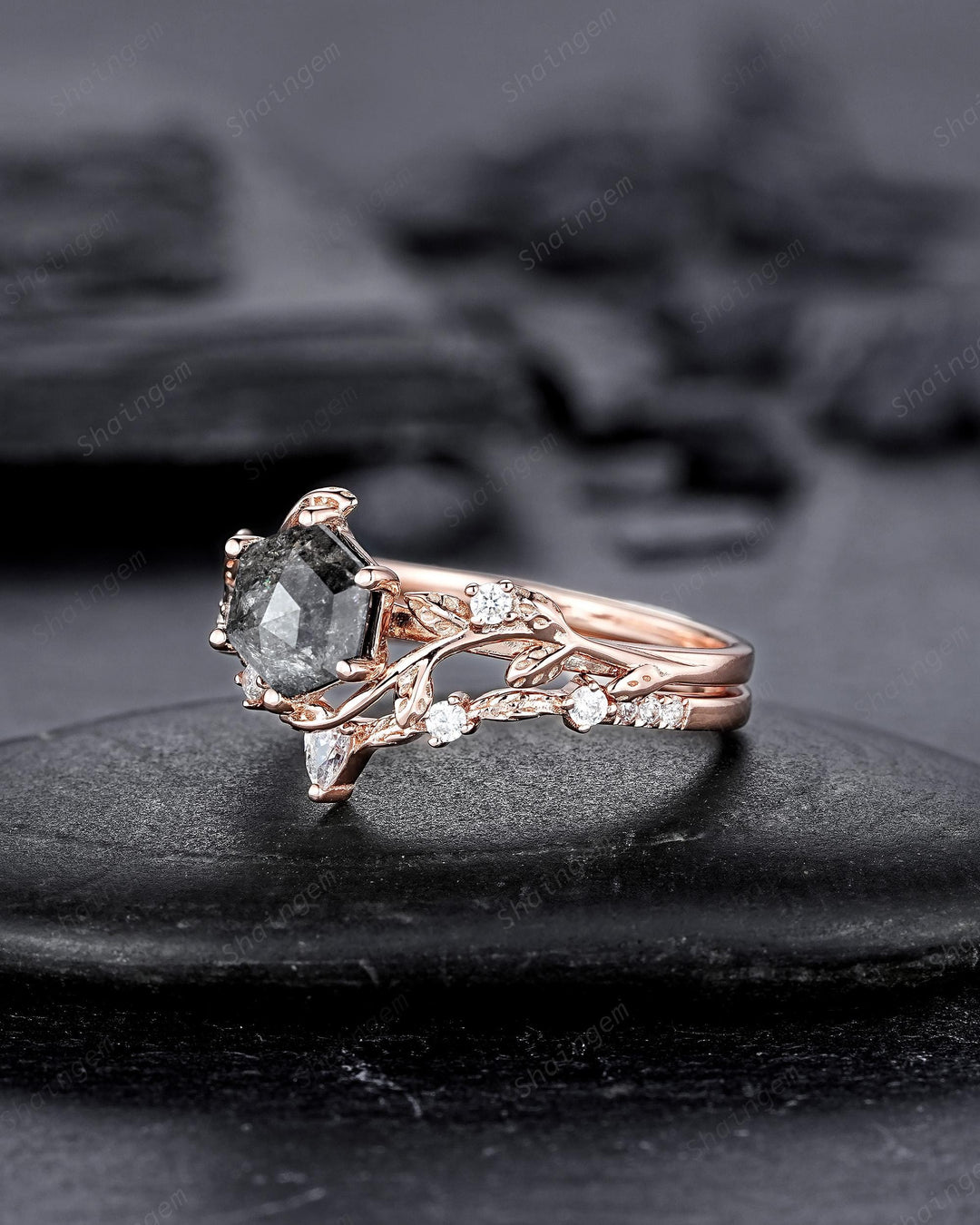 Natural Inspired Hexagon Cut Salt and Pepper Diamond Engagement Ring, Diamond Leaf Promise Ring, Rose Gold Black Diamond Twig Wedding Ring - ShainJewelry