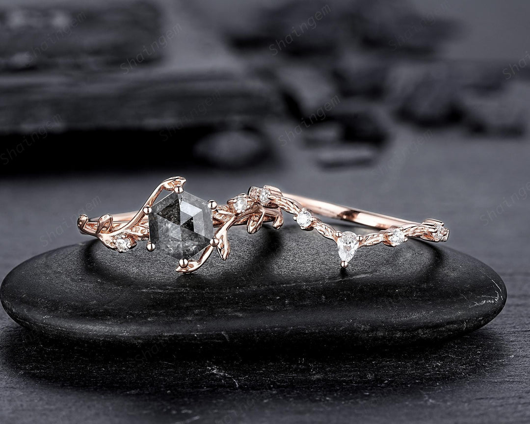 Natural Inspired Hexagon Cut Salt and Pepper Diamond Engagement Ring, Diamond Leaf Promise Ring, Rose Gold Black Diamond Twig Wedding Ring - ShainJewelry