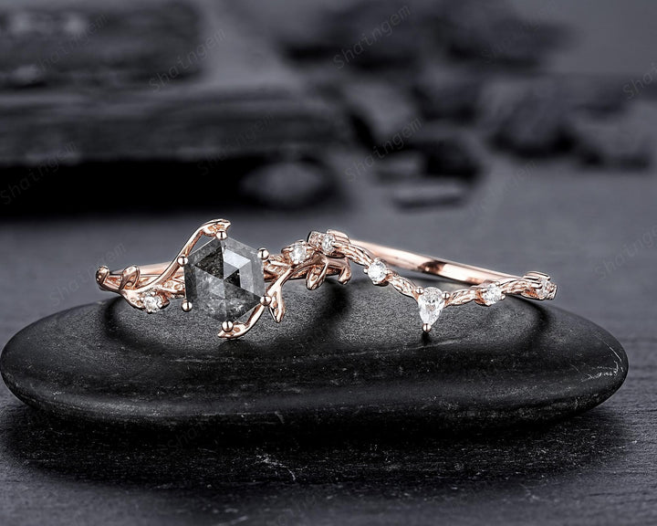 Natural Inspired Hexagon Cut Salt and Pepper Diamond Engagement Ring, Diamond Leaf Promise Ring, Rose Gold Black Diamond Twig Wedding Ring - ShainJewelry