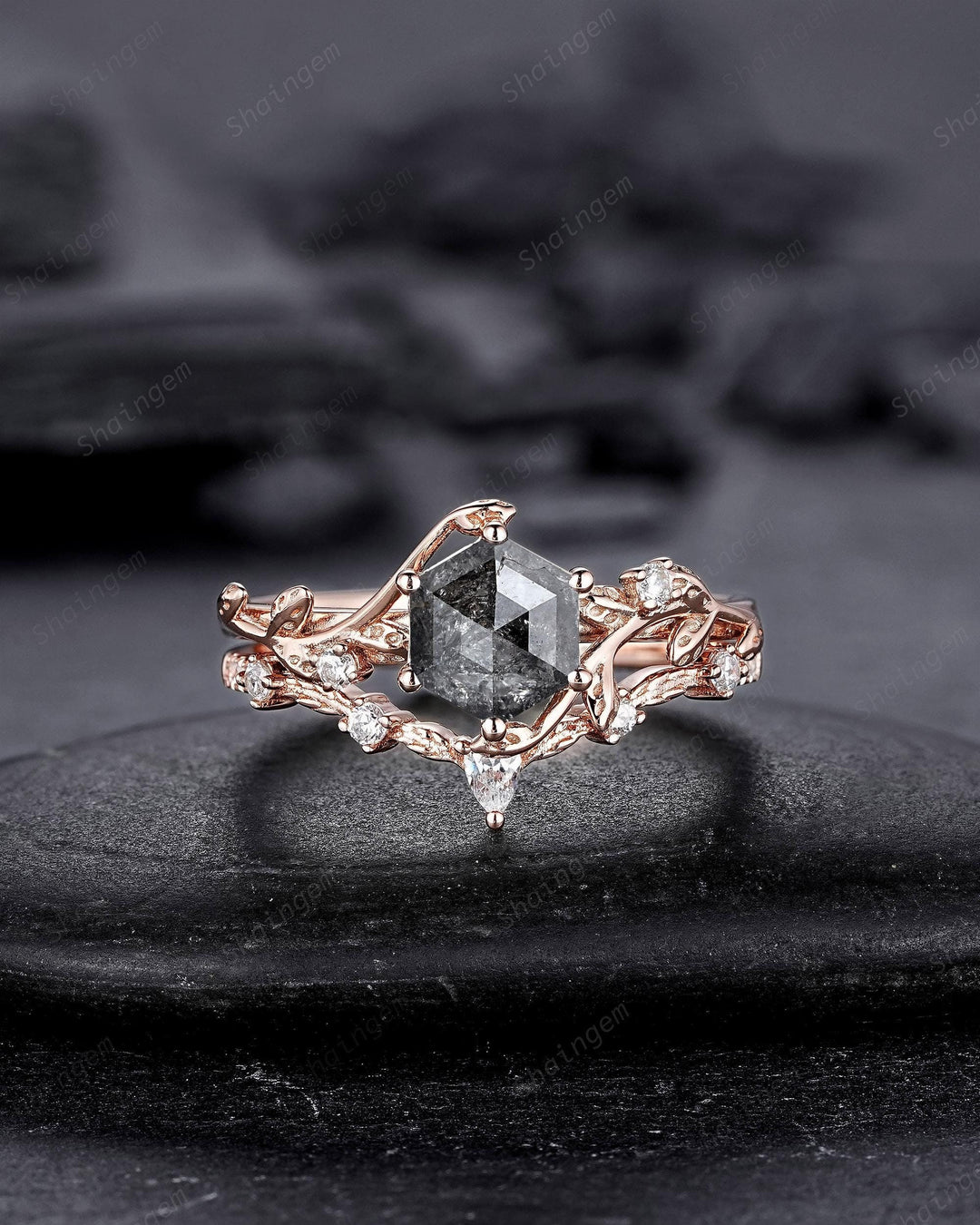 Natural Inspired Hexagon Cut Salt and Pepper Diamond Engagement Ring, Diamond Leaf Promise Ring, Rose Gold Black Diamond Twig Wedding Ring - ShainJewelry
