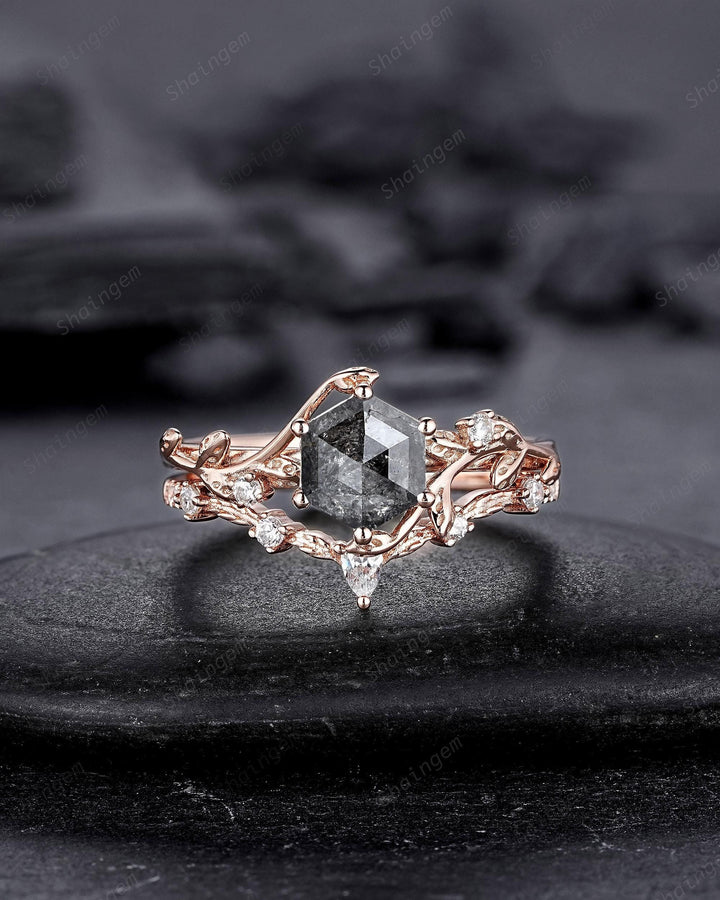 Natural Inspired Hexagon Cut Salt and Pepper Diamond Engagement Ring, Diamond Leaf Promise Ring, Rose Gold Black Diamond Twig Wedding Ring - ShainJewelry