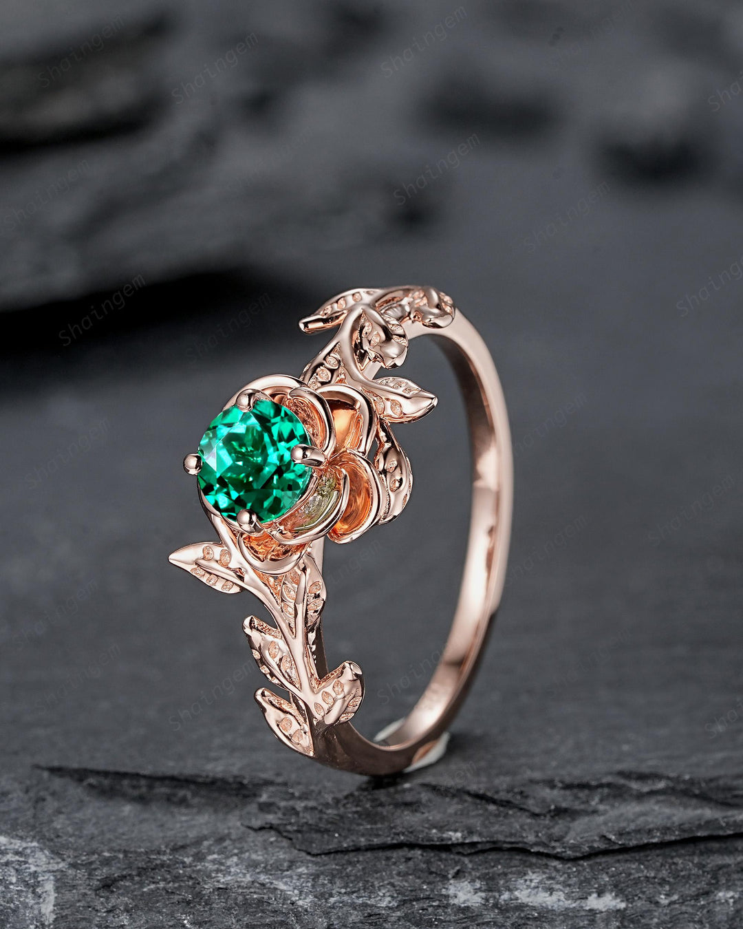 Vintage Round Cut Emerald Solitaire Engagement Ring, Leaf Promise Ring, Nature Inspired Rose Flower Wedding Ring, Rose Gold Ring for Women - ShainJewelry