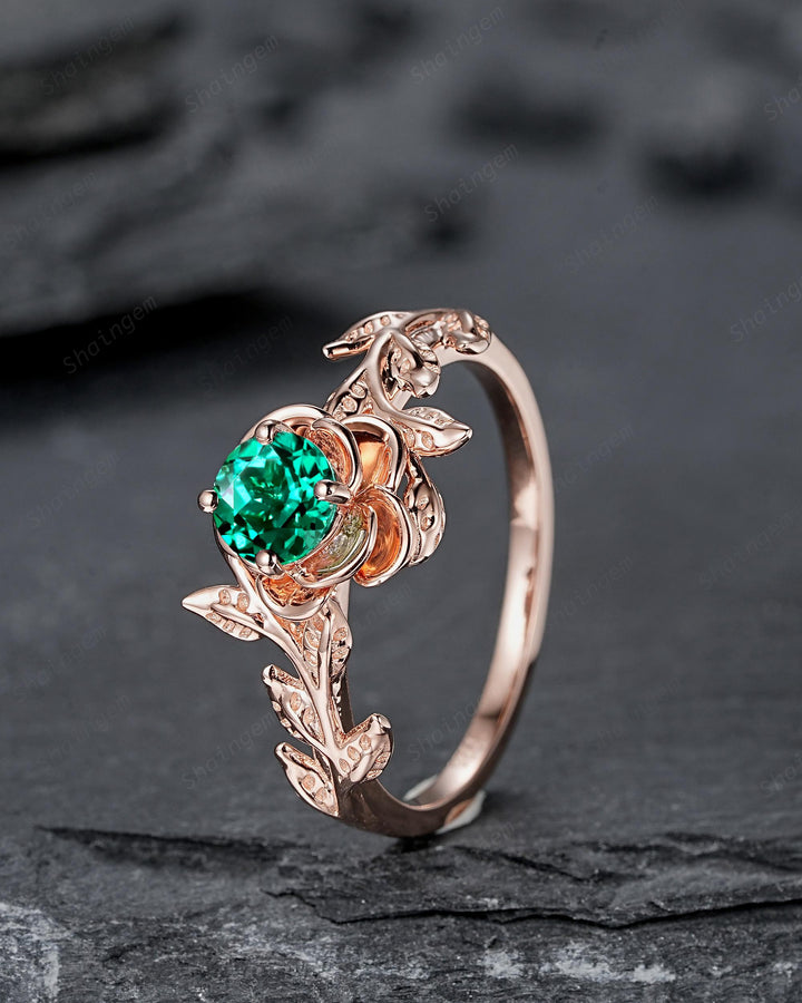 Vintage Round Cut Emerald Solitaire Engagement Ring, Leaf Promise Ring, Nature Inspired Rose Flower Wedding Ring, Rose Gold Ring for Women - ShainJewelry