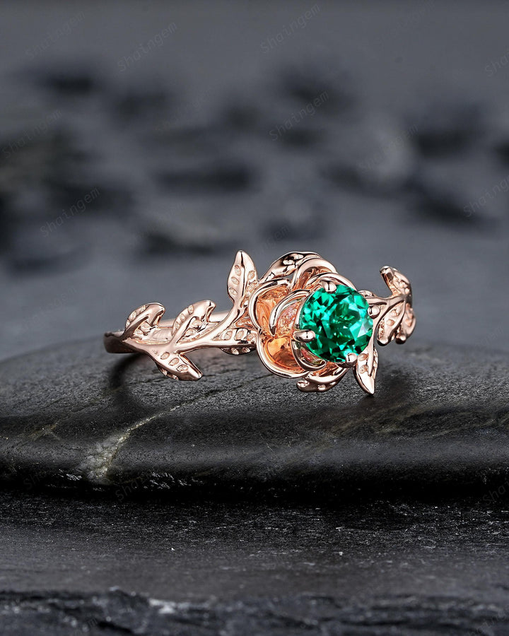Vintage Round Cut Emerald Solitaire Engagement Ring, Leaf Promise Ring, Nature Inspired Rose Flower Wedding Ring, Rose Gold Ring for Women - ShainJewelry