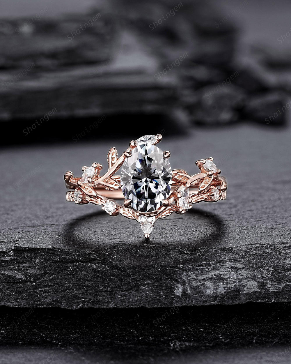 Nature Inspired Oval Cut Gray Moissanite Leaf Engagement Ring, Unique Rose Gold Grey Moissanite Twig Branch Wedding Promise Anniversary Ring - ShainJewelry