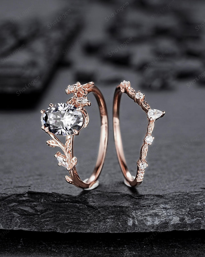 Nature Inspired Oval Cut Gray Moissanite Leaf Engagement Ring, Unique Rose Gold Grey Moissanite Twig Branch Wedding Promise Anniversary Ring - ShainJewelry