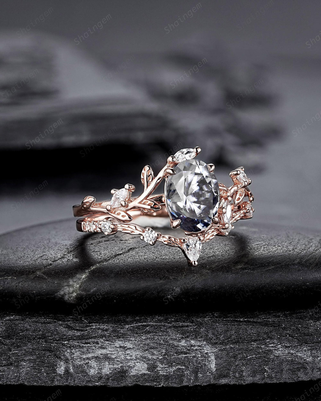 Nature Inspired Oval Cut Gray Moissanite Leaf Engagement Ring, Unique Rose Gold Grey Moissanite Twig Branch Wedding Promise Anniversary Ring - ShainJewelry