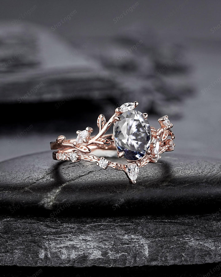 Nature Inspired Oval Cut Gray Moissanite Leaf Engagement Ring, Unique Rose Gold Grey Moissanite Twig Branch Wedding Promise Anniversary Ring - ShainJewelry