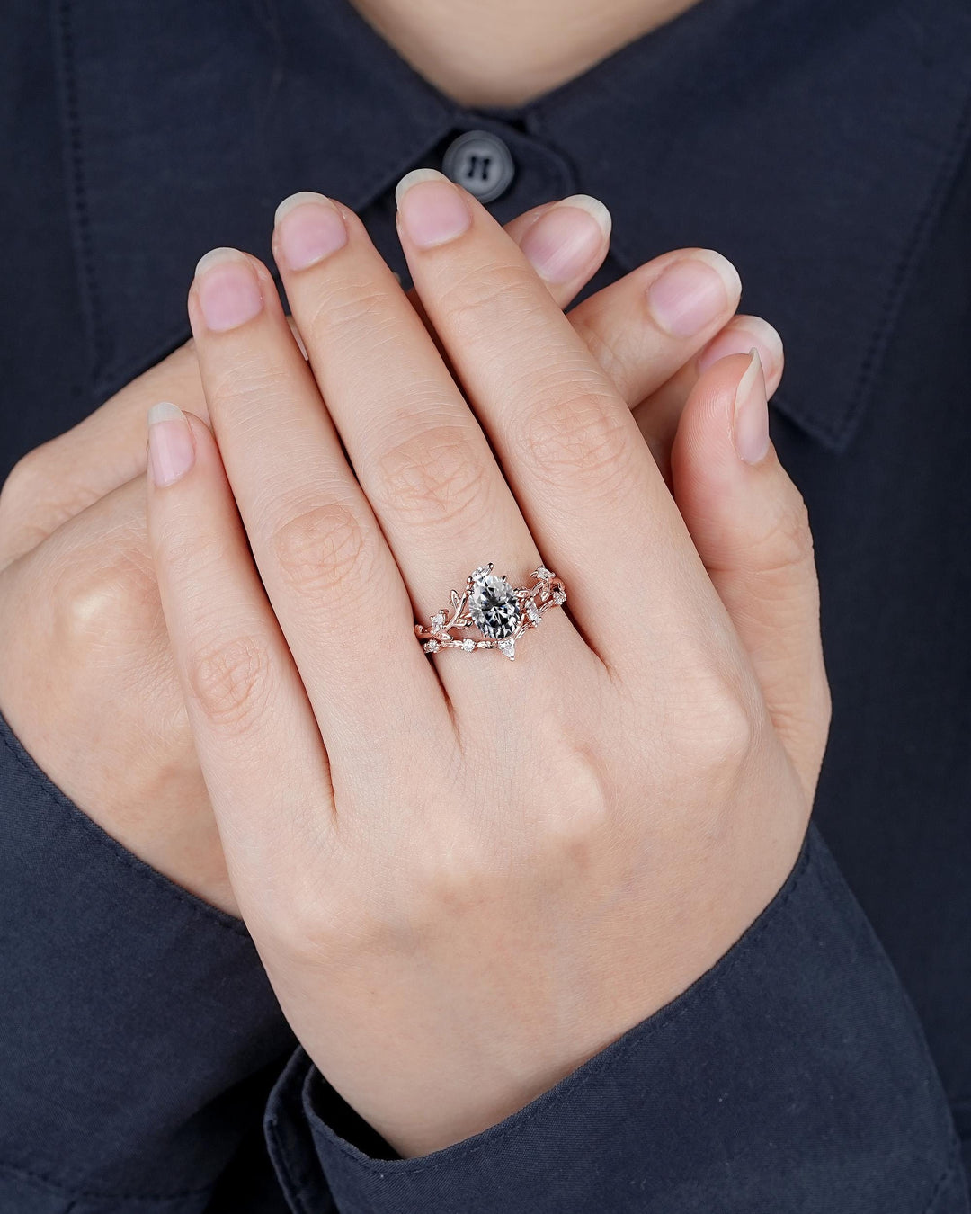 Nature Inspired Oval Cut Gray Moissanite Leaf Engagement Ring, Unique Rose Gold Grey Moissanite Twig Branch Wedding Promise Anniversary Ring - ShainJewelry