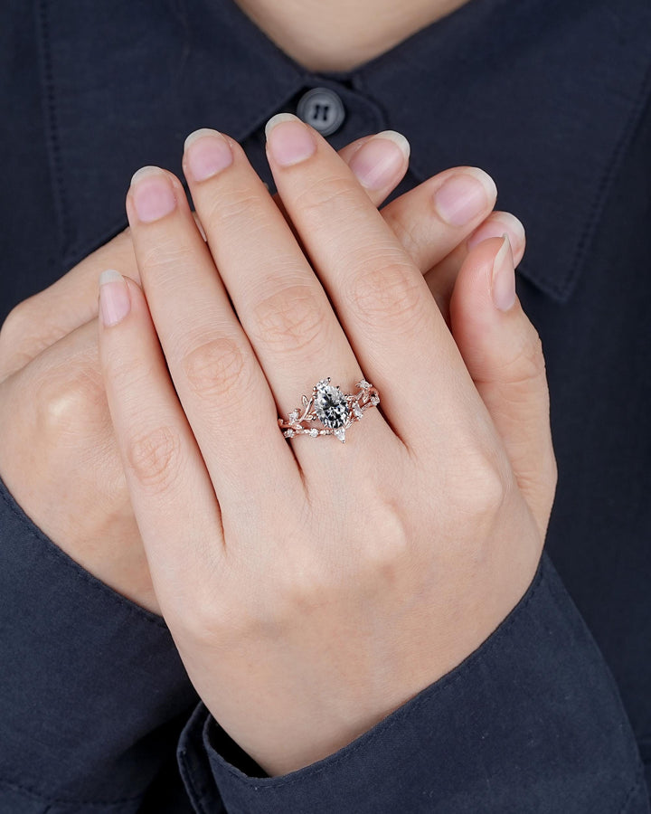 Nature Inspired Oval Cut Gray Moissanite Leaf Engagement Ring, Unique Rose Gold Grey Moissanite Twig Branch Wedding Promise Anniversary Ring - ShainJewelry