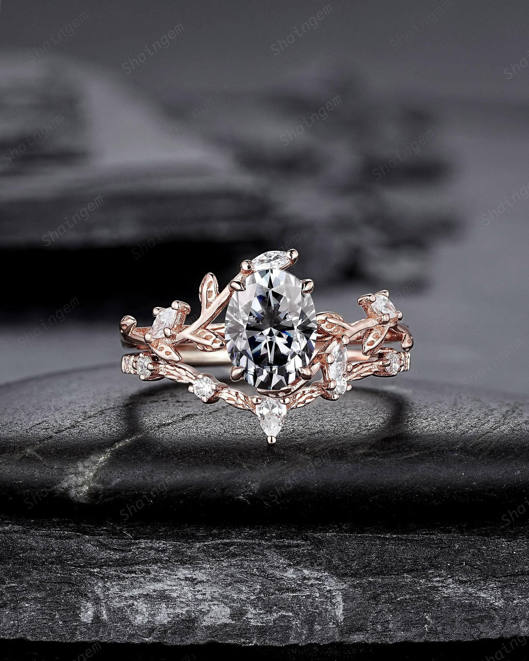 Nature Inspired Oval Cut Gray Moissanite Leaf Engagement Ring, Unique Rose Gold Grey Moissanite Twig Branch Wedding Promise Anniversary Ring - ShainJewelry
