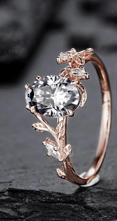 Nature Inspired Oval Cut Gray Moissanite Leaf Engagement Ring, Unique Rose Gold Grey Moissanite Twig Branch Wedding Promise Anniversary Ring - ShainJewelry