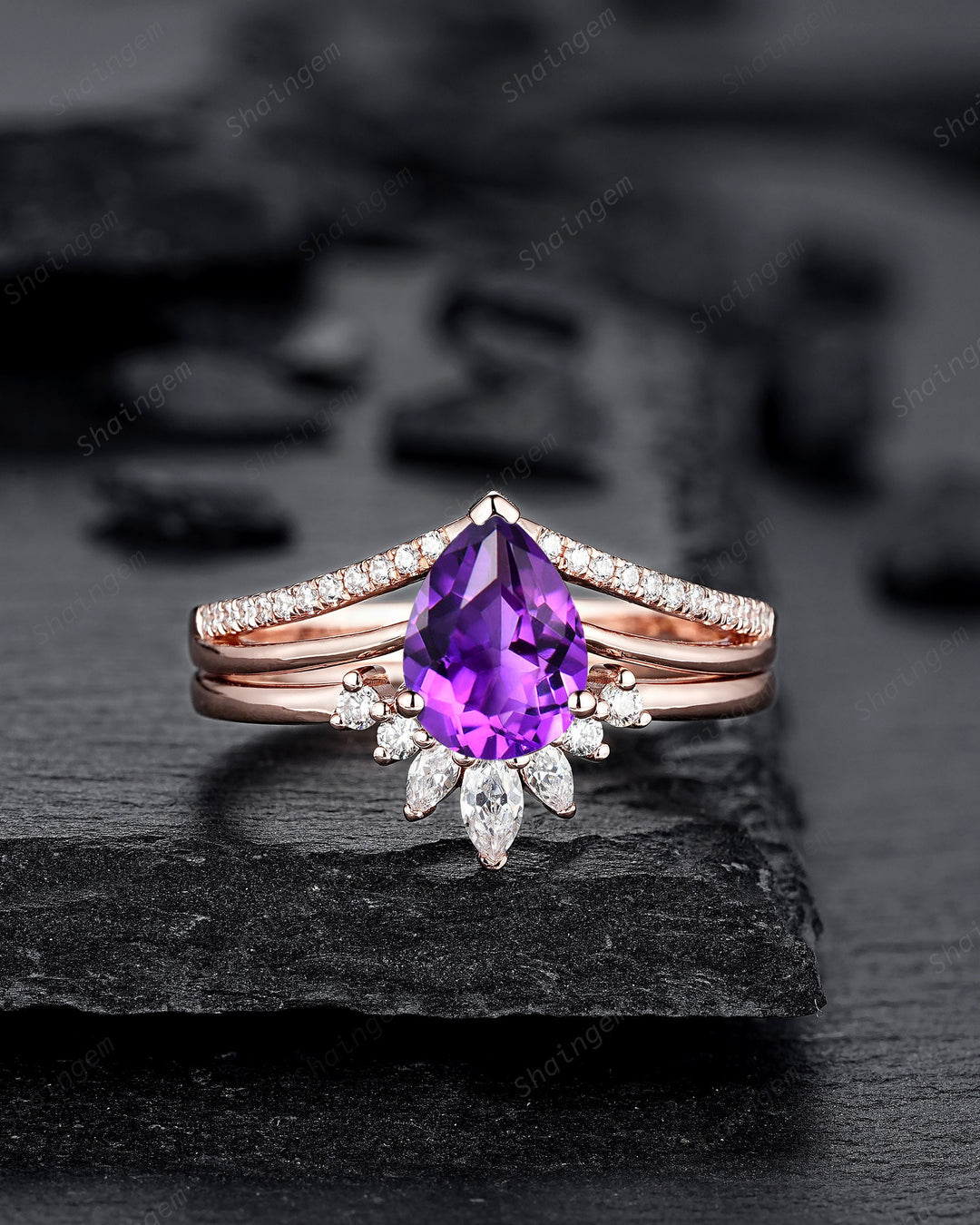 Split Shank Pear Shape Amethyst Engagement Ring, Cluster Rose Gold Wedding Ring, Promise Ring Gift for Women, February Birthstone Bridal Set - ShainJewelry