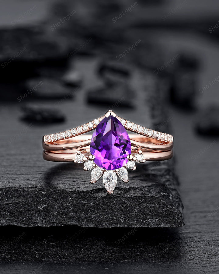 Split Shank Pear Shape Amethyst Engagement Ring, Cluster Rose Gold Wedding Ring, Promise Ring Gift for Women, February Birthstone Bridal Set - ShainJewelry