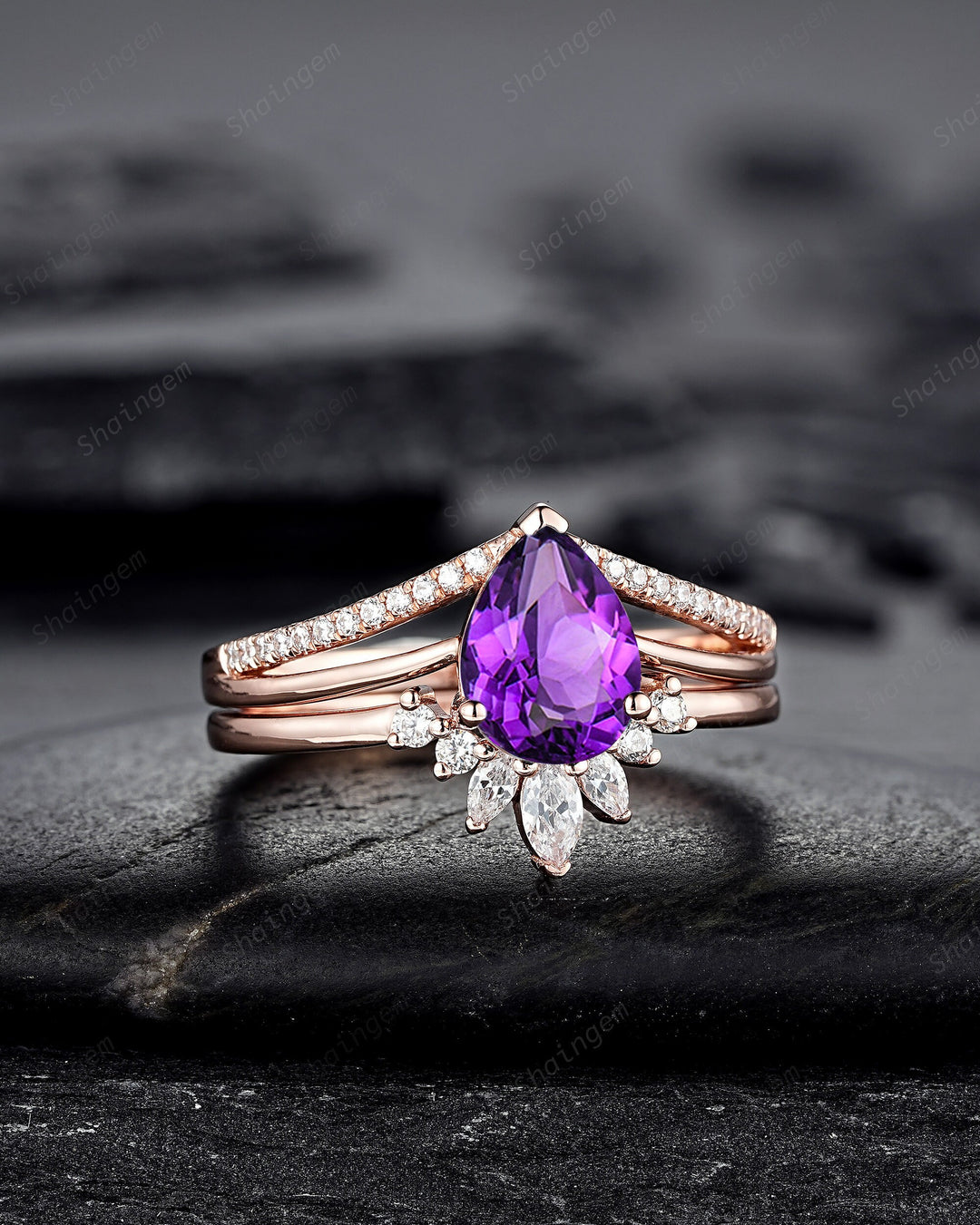 Split Shank Pear Shape Amethyst Engagement Ring, Cluster Rose Gold Wedding Ring, Promise Ring Gift for Women, February Birthstone Bridal Set - ShainJewelry