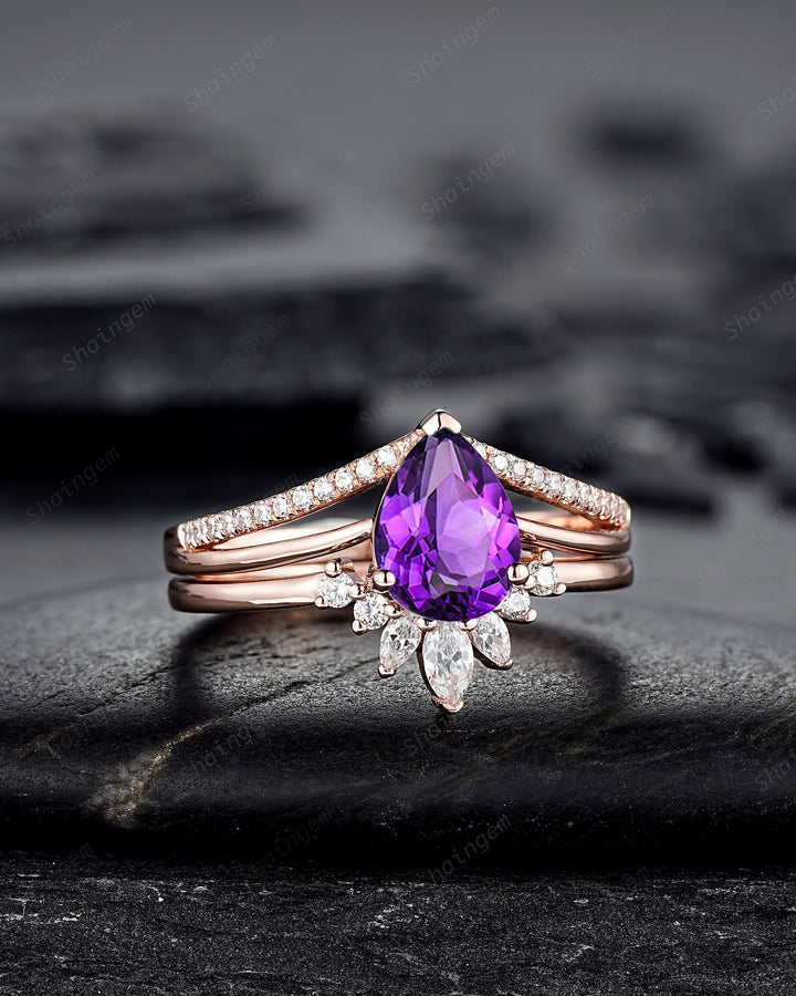 Split Shank Pear Shape Amethyst Engagement Ring, Cluster Rose Gold Wedding Ring, Promise Ring Gift for Women, February Birthstone Bridal Set - ShainJewelry