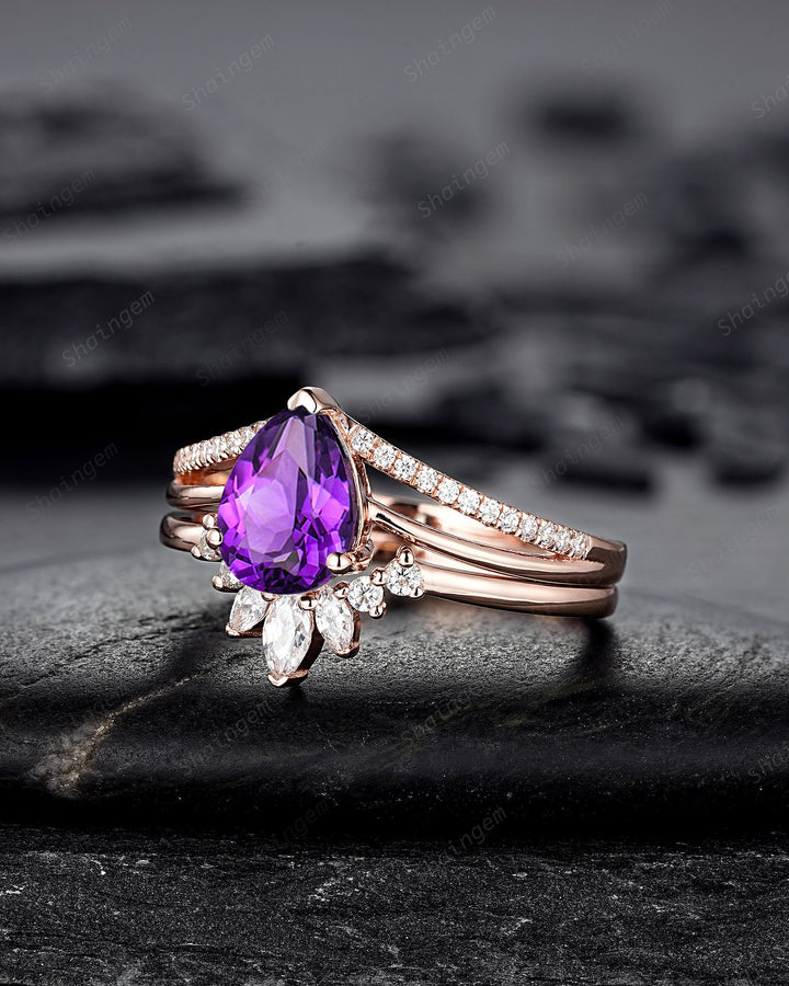 Split Shank Pear Shape Amethyst Engagement Ring, Cluster Rose Gold Wedding Ring, Promise Ring Gift for Women, February Birthstone Bridal Set - ShainJewelry