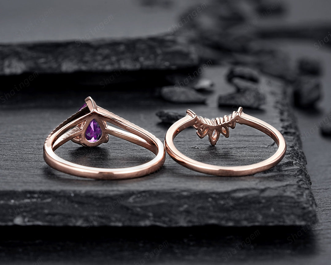Split Shank Pear Shape Amethyst Engagement Ring, Cluster Rose Gold Wedding Ring, Promise Ring Gift for Women, February Birthstone Bridal Set - ShainJewelry