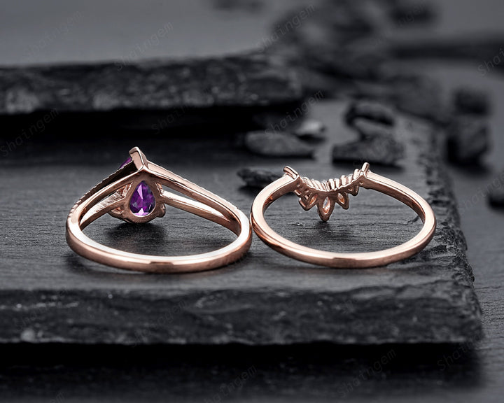 Split Shank Pear Shape Amethyst Engagement Ring, Cluster Rose Gold Wedding Ring, Promise Ring Gift for Women, February Birthstone Bridal Set - ShainJewelry