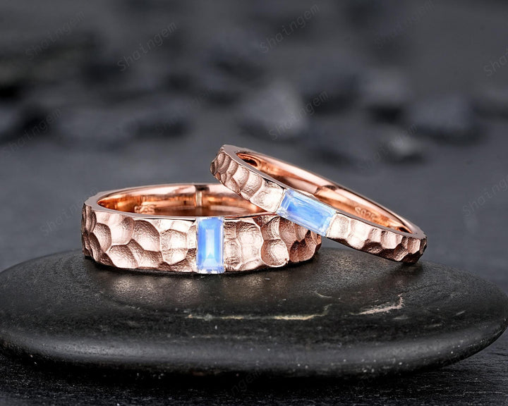 Hammered Design His and Hers Baguette Moonstone Couple Ring Set, Rose Gold Wedding Band, Matching Band, Promise Ring Men's Women's Band - ShainJewelry