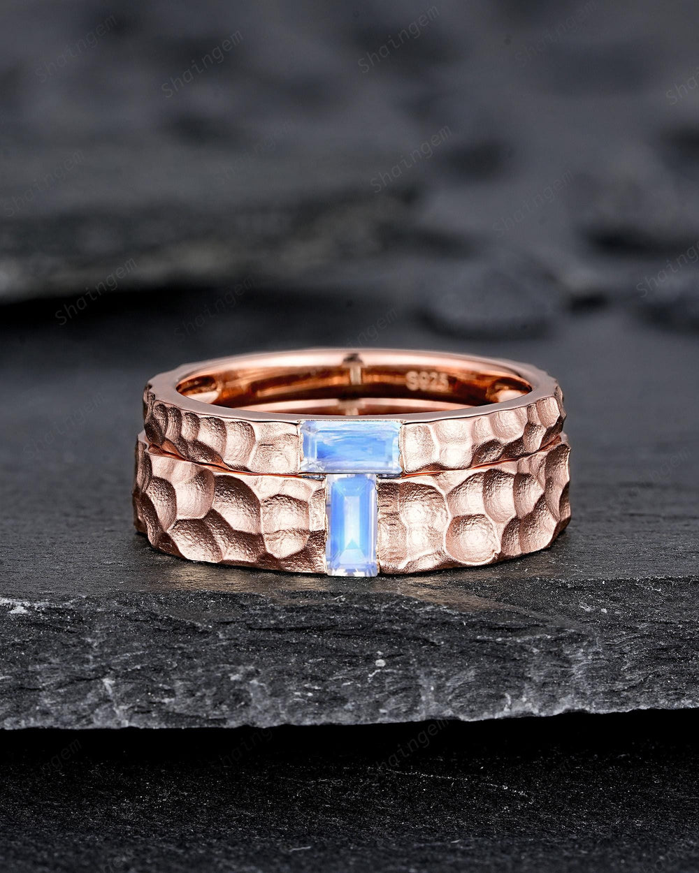 Hammered Design His and Hers Baguette Moonstone Couple Ring Set, Rose Gold Wedding Band, Matching Band, Promise Ring Men's Women's Band - ShainJewelry