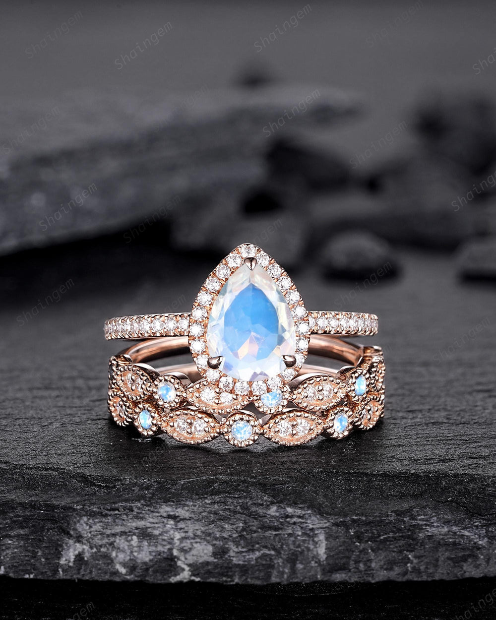 3PCS Pear Shape Natural Moonstone Halo Engagement Ring Set, Vintage Rose Gold Bridal Set, Unique June Birthstone Promise Ring Gift for Women - ShainJewelry