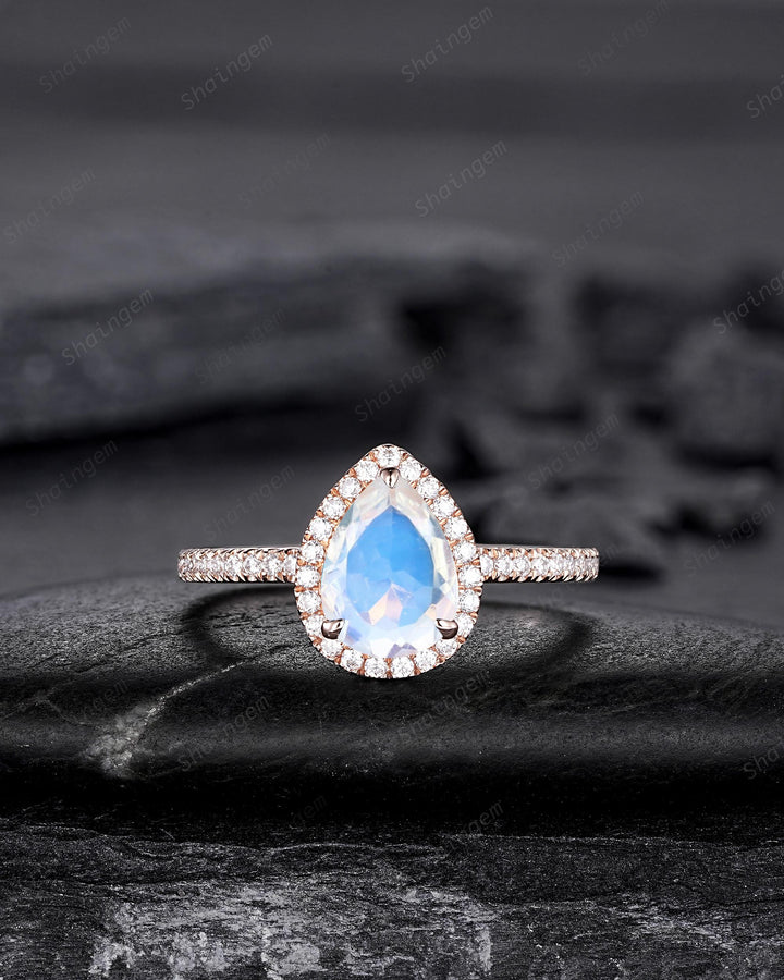 3PCS Pear Shape Natural Moonstone Halo Engagement Ring Set, Vintage Rose Gold Bridal Set, Unique June Birthstone Promise Ring Gift for Women - ShainJewelry